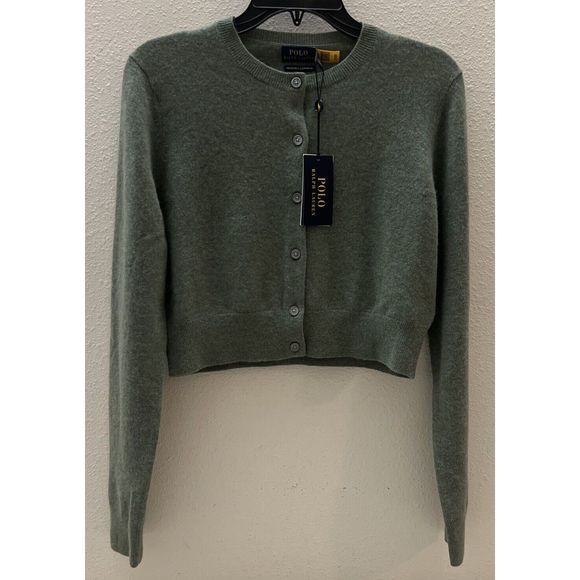 Polo Ralph Lauren Sz M Green/Gray Cropped Crewneck Cardigan Cashmere Sweater - Picture 2 of 13